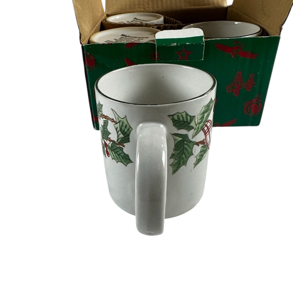 Holiday Ribbon Vintage Set of 4 Ceramic Christmas Mugs Dist.by Mervyn’s - Picture 4 of 16